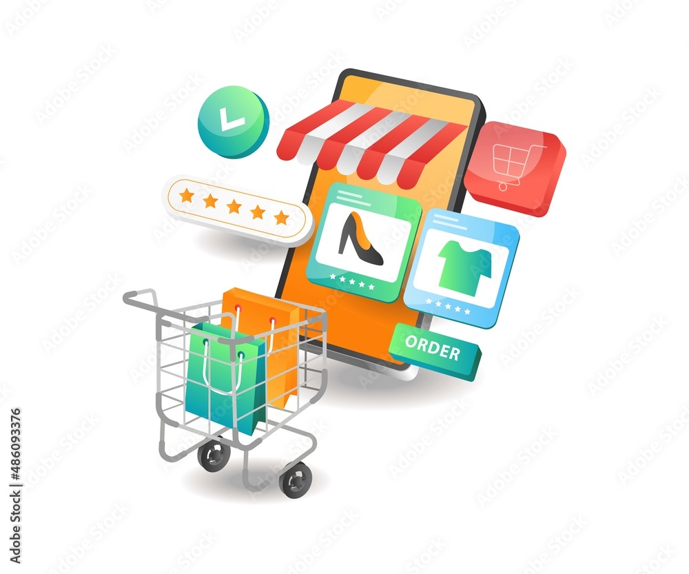 Isometric illustration concept. Online shopping buy goods on smartphone