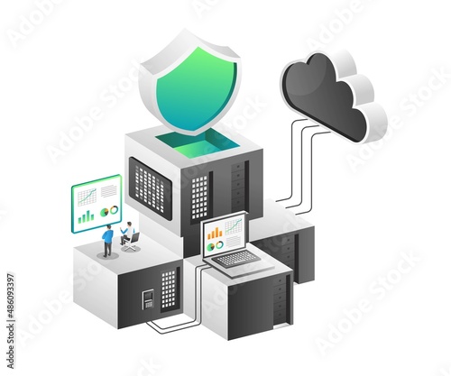 Isometric illustration concept. Network server data analysis team flow