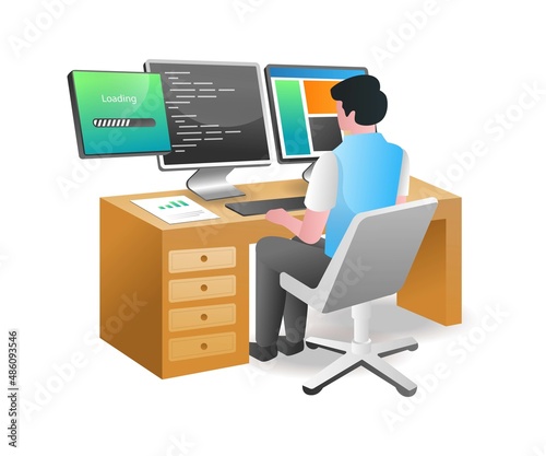 Isometric illustration concept. man typing programming language for web application