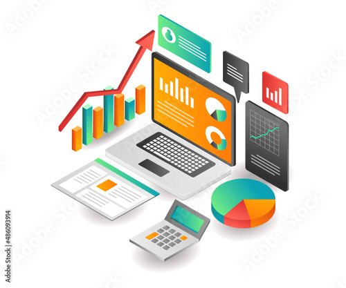 Illustration isometric concept. data analysis of investment business company