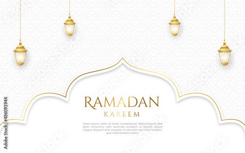 White luxury islamic background with decorative ornament pattern and lanterns Premium Vector