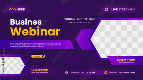 Business webinar website banner template with two arrow frames and geometric purple background