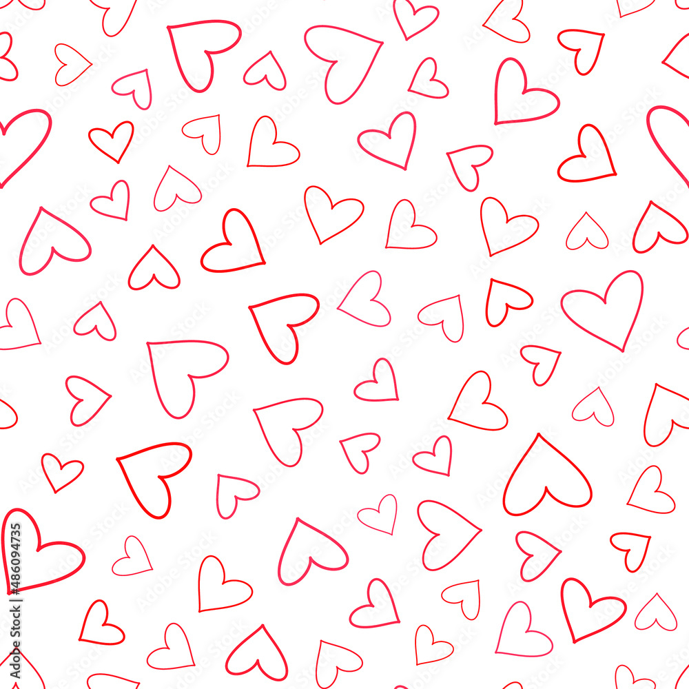 Seamless pattern minimalist heart without fill. Contour red line, white background. Seamless pattern minimalist heart without fill. Contour red line, white background.