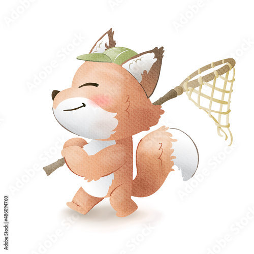Watercolor art of cartoon baby fox, vector EPS10. 