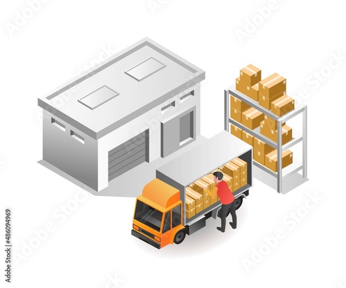 Isometric illustration concept. Pick up goods in warehouse for delivery