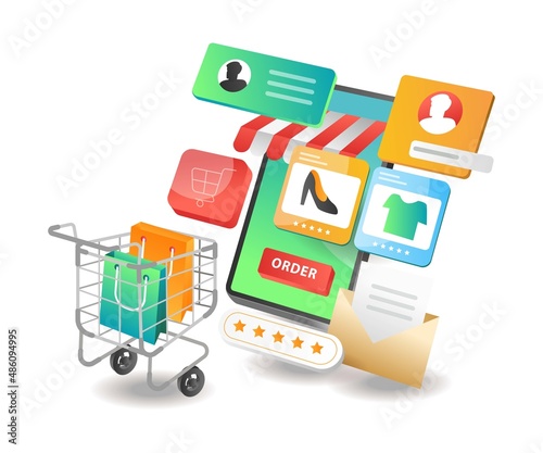 Isometric illustration concept. Online shopping e-commerce smartphone app