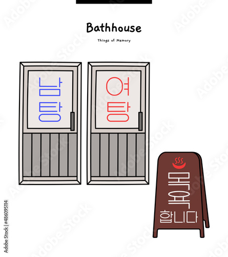 This is a product related to Korean bath culture. This is the door that divides into men and women. (Translation: Men's bath, women's bath & Bathhouse)