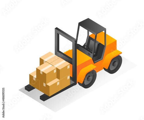Isometric illustration concept. Lifting goods with a forklift