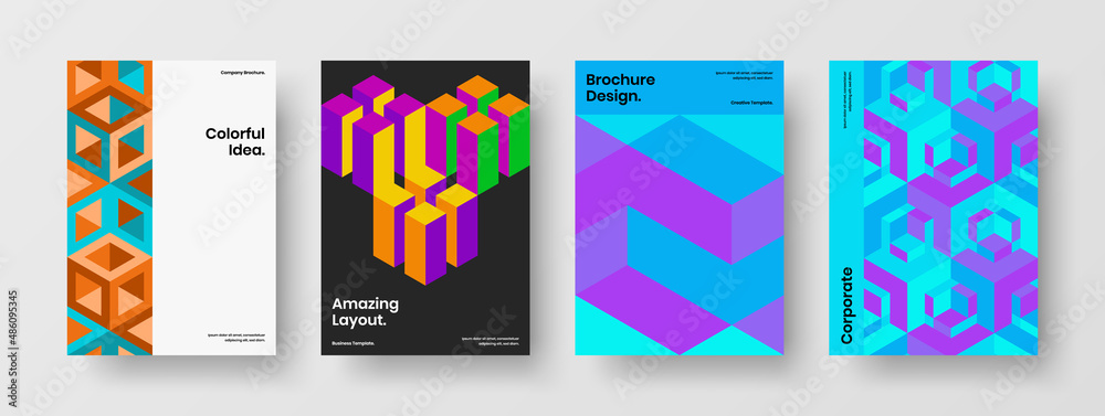Original postcard A4 vector design template collection. Creative mosaic hexagons corporate identity layout composition.