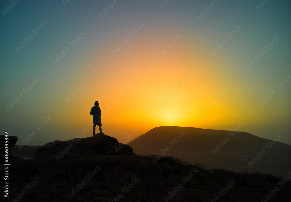 Sunset view point from the mountain top across to Calderon Hondo volcano Fuerteventura