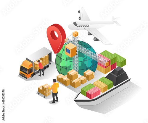Isometric illustration concept. Expedition of land sea and air