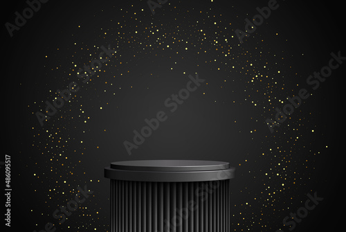 Luxurious round black podium in a black empty room with gold glitter in a circle.Abstract vector rendering of a 3d shape for the presentation of cosmetic products. Mini stage, studio.