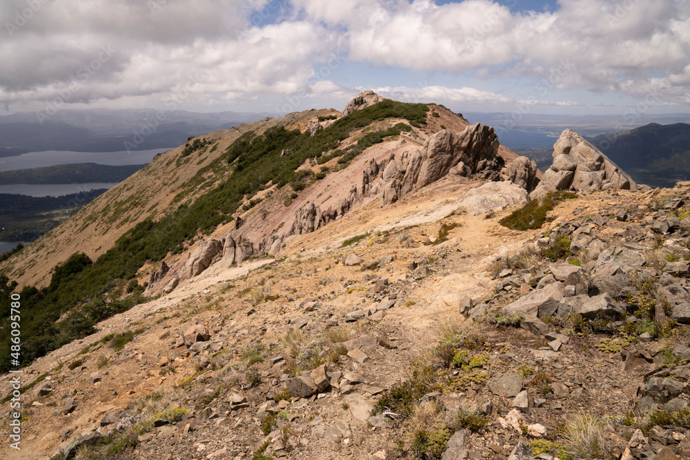 Trekking in Patagonia. View of Bella Vista hill rocky mountaintop in Bariloche, Argentina.	
