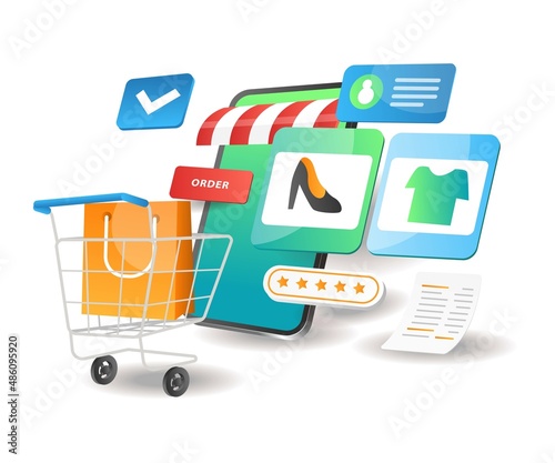 Illustration isometric concept. Putting shopping items in online cart