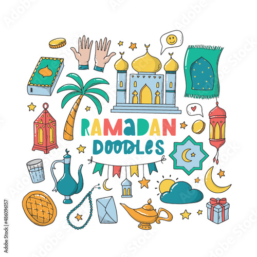 set of Ramadan and islamic doodles isolated on white background. Good for stickers, icons, prints, planners, scrapbooking, stationary, etc. EPS 10