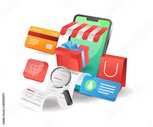 Illustration isometric concept. List of online shopping needs