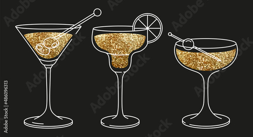 Set of glassware alcoholic drinks. Golden glitter illustration isolated. Flat design style cocktails with color fill