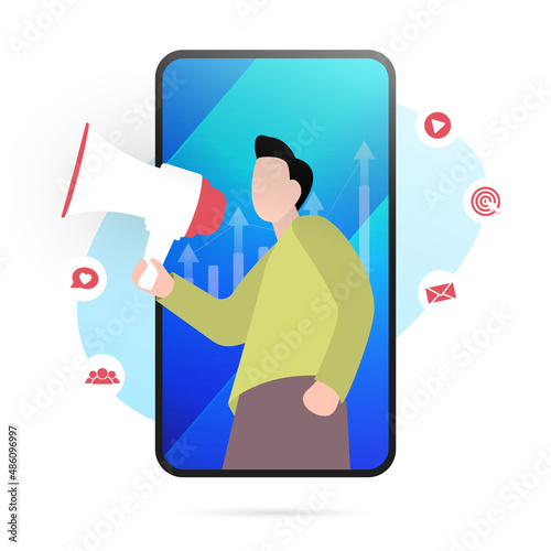 Key Opinion Leader (KOL) influencer marketing. KOC or Key Opinion Consumer concept. Self-media celebrity expert holding megaphone. Promoting business, data driven marketing, social media campaign