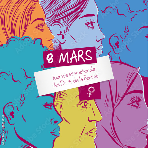 March 8 th - French women rights day banner - women faces diversity illustration