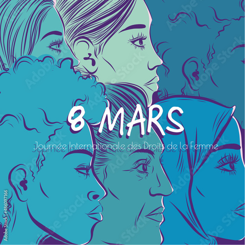 March 8 th - French women rights day banner - women faces diversity illustration