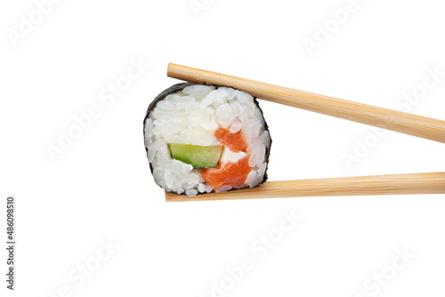 Sushi roll with salmon isolated on a white background with Japanese chopsticks