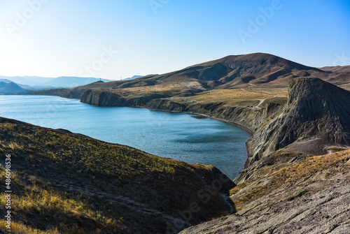 Landscape view of Black Sea coastline near Koktebel resort with Chameleon cape, Crimea, Russian Federation