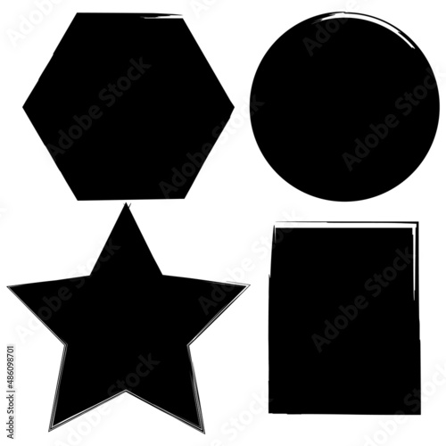 Ink geometric figures. Grunge style. Hand drawn. Hexagon, rectangle, circle, star emblems. Vector illustration. Stock image.