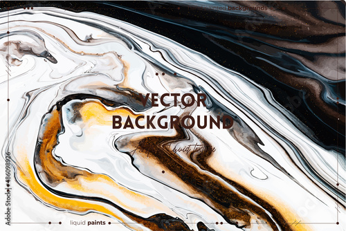 Fluid art texture. Abstract background with iridescent paint effect. Liquid acrylic picture that flows and splashes. Mixed paints for interior poster. Golden, black and white overflowing colors.