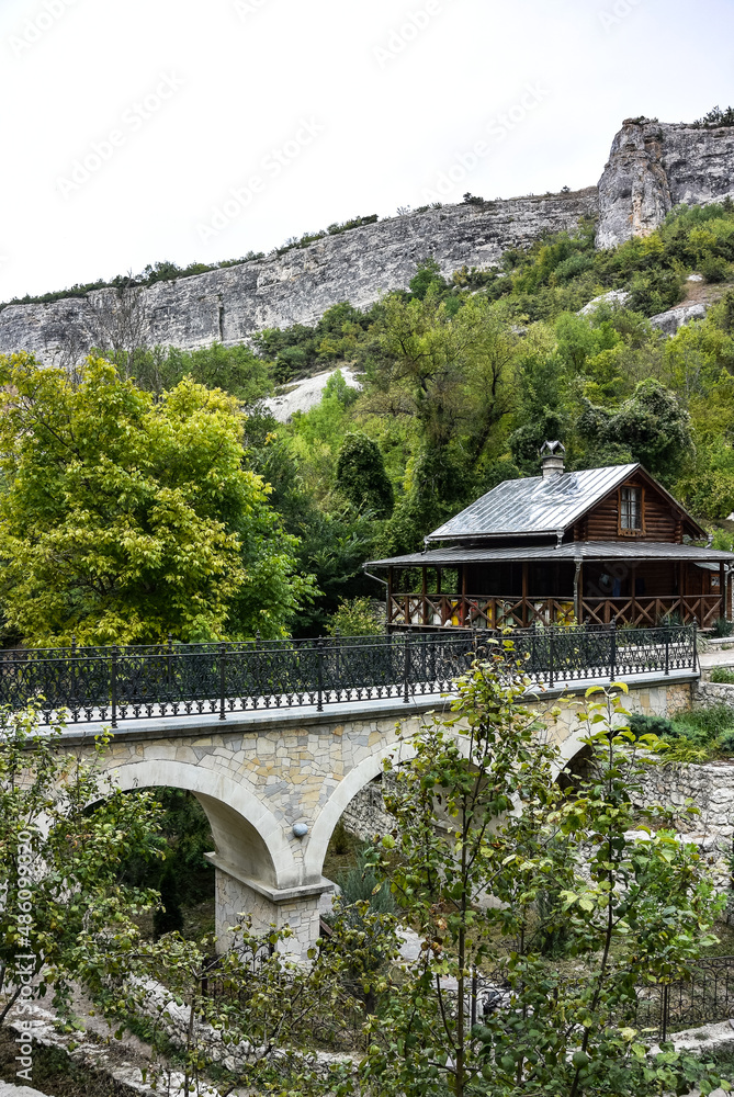 Buildings and structures of the Holy Dormition Monastery in the gorge of St. Mary. Bakhchisarai. 2019. Crimea. Buildings and structures of the Holy Dormition Monastery in the gorge of St. Mary. Bakhchisarai. 2019. Crimea.