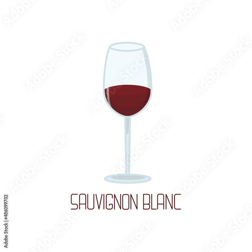 A glass of red Sauvignon Blanc wine. Cartoon-style vector illustration with lettering