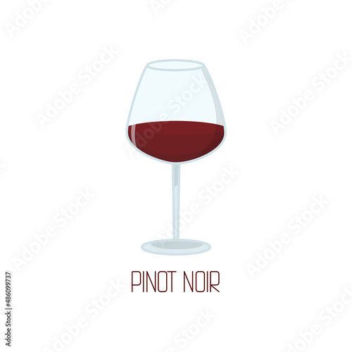 A glass of red Pinot Noir wine. Cartoon-style vector illustration with lettering