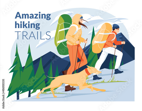 Hiking poster. A couple of young people with a dog climb a mountain with backpacks against the backdrop of a mountain landscape with a coniferous forest. flat vector illustration