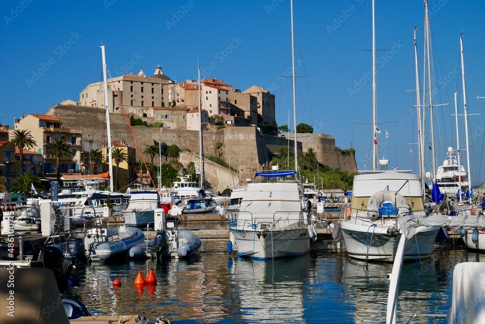 Panoramic view of citadel and yacht harbor in Calvi. Corsica, France.