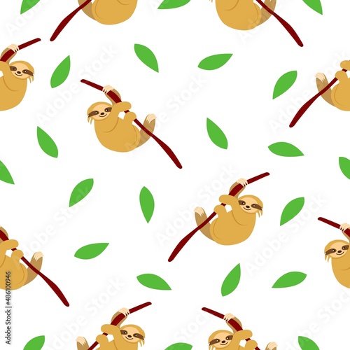 Seamless pattern of sloths hanging on tree branch and green leaves. White background. Cartoon character. Cute and funny. Summer and spring. For wallpaper, textile, scrapbooking and wrapping paper