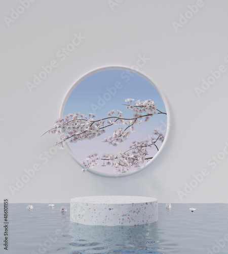 Mock up cylindrical white terrazzo pedestal showcase podium stage on water surface with natural fresh cherry blossom branches and round window for product presentation 3D rendering illustration