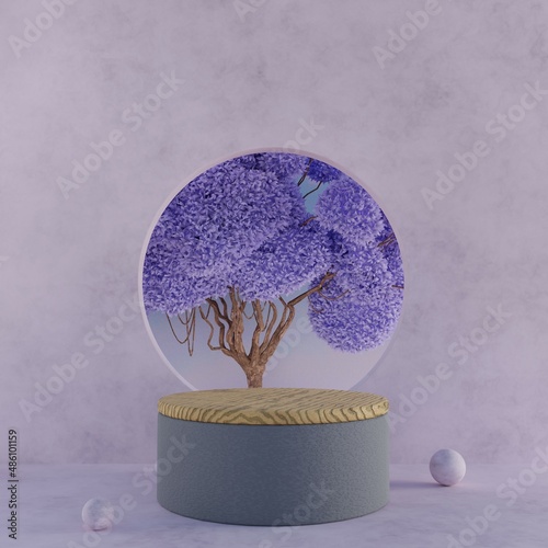 Minimalism wooden product display stage with round circular window and purple leaves tree for product presentation 3D rendering illustration