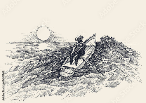 Man rowing in a boat on sea waves hand drawing