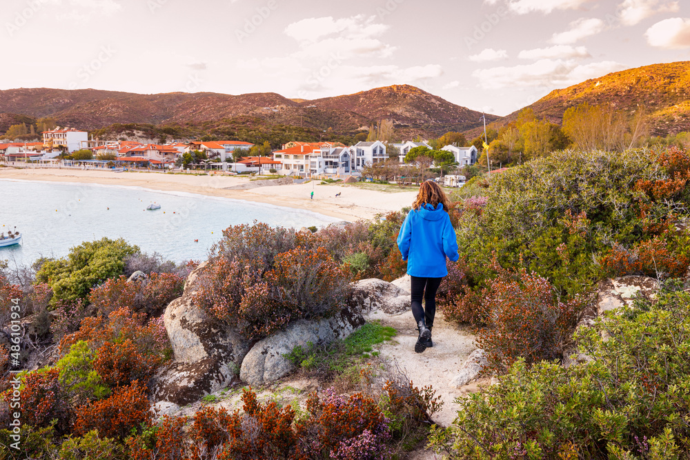 woman in a jacket walks along the path among blooming heather with a fresh breeze from the sea. woman in a jacket walks along the path among blooming heather with a fresh breeze from the sea.