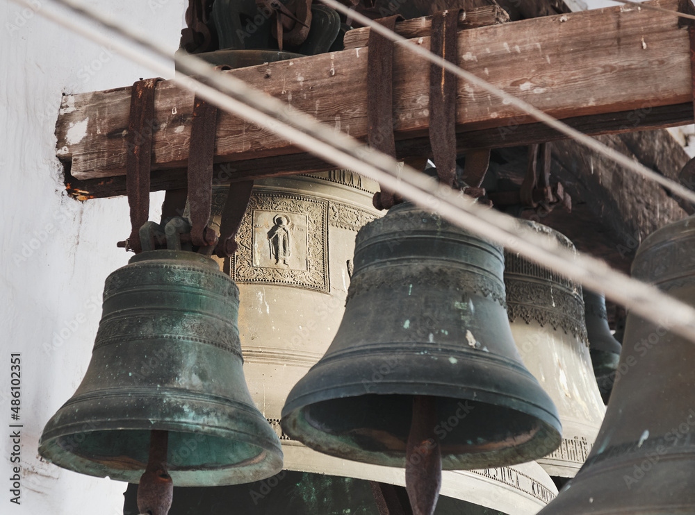 Rostov, Yaroslavl region, Russia - Small old bells on the Belfry of the Assumption Cathedral.