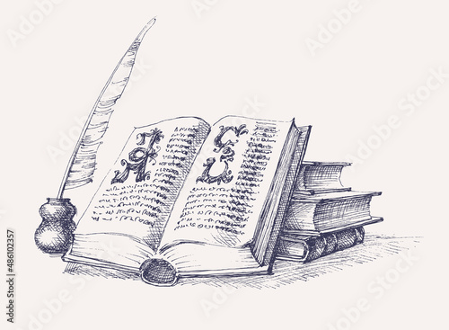 Old books stack and ink quill hand drawing