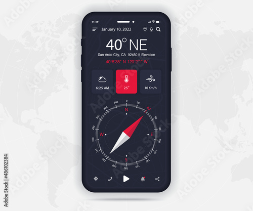 Compass app UI UX GUI concept, Map GPS app on screen smartphone navigation, Phone weather, application compass for navigator, app map, North West South East navigate technology, Vector illustration