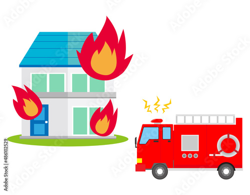 消防車　火事　ベクターイラスト