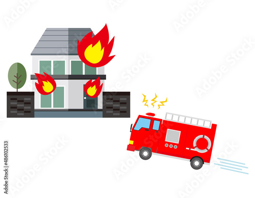消防車　火事　ベクターイラスト