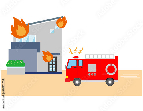 消防車　火事　ベクターイラスト