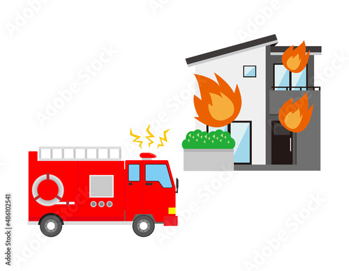 消防車　火事　ベクターイラスト