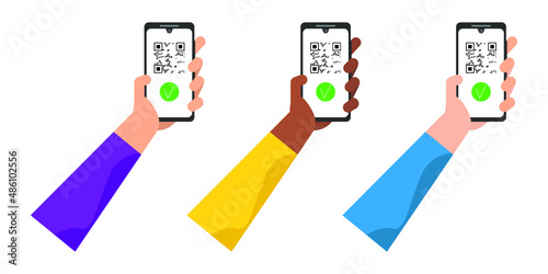 Hands holding smartphone with vaccine passport. Green certificate of immunity. Health passport on digital screen with qr code. Flat style. Vector illustration.