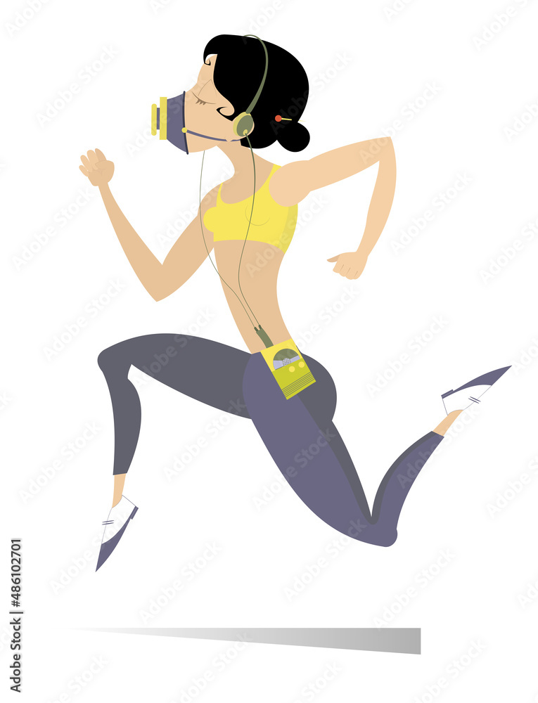 Running young woman in protective mask illustration. 
Cartoon young woman in protective mask runs and listens music on player using headphones isolated on white 
