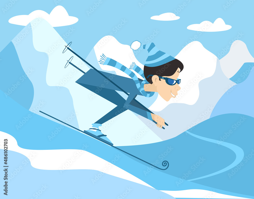 Cartoon skier woman illustration. 
Winter sport. Young skier woman in sunglasses isolated on white background
