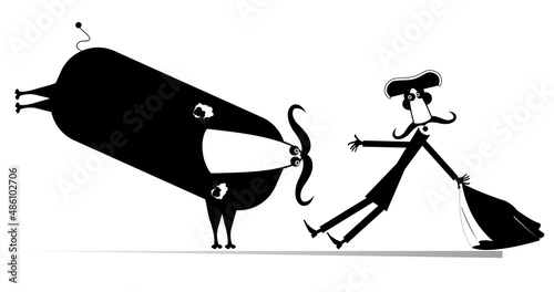Cartoon bullfighter and a bull isolated illustration. Cartoon long mustache bullfighter with a matador cape and angry bull black on white background 
