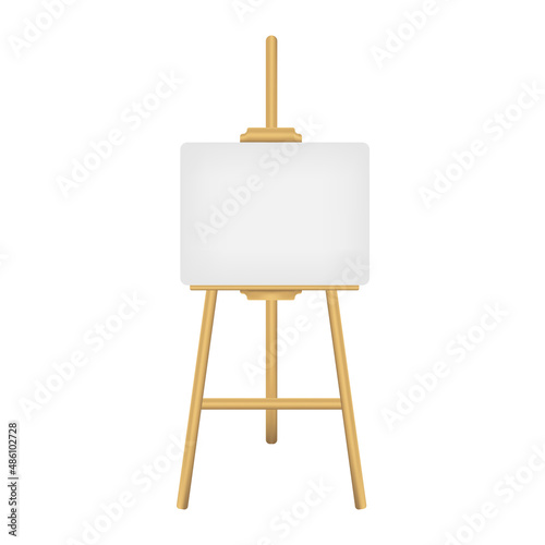 Wooden realistic easel with blank canvas, isolated on white background. Vector illustration